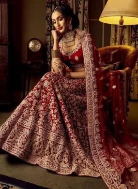 Adorable Maroon Velvet Base Designer Bridal Lehenga Choli