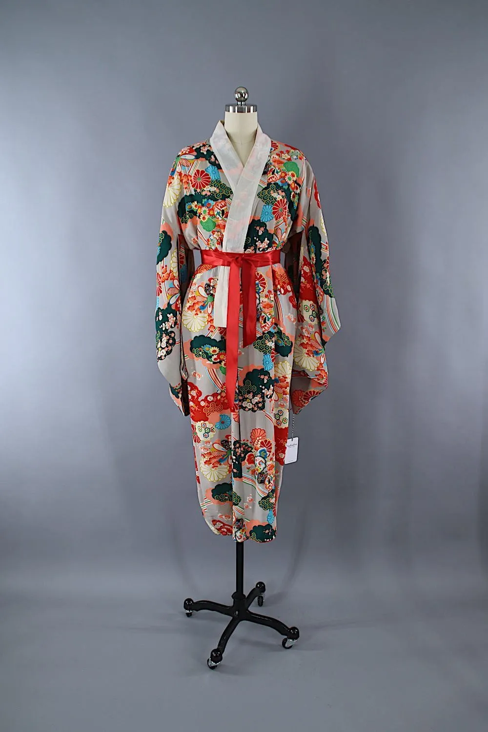 1930s Vintage Silk Kimono Robe / Grey, Red, Aqua Novelty Print