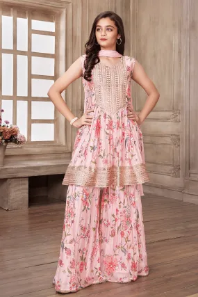 Baby Pink Multicolor Digital Print, Sequins and Zari work Peplum Style Sharara Suit Set for Girls