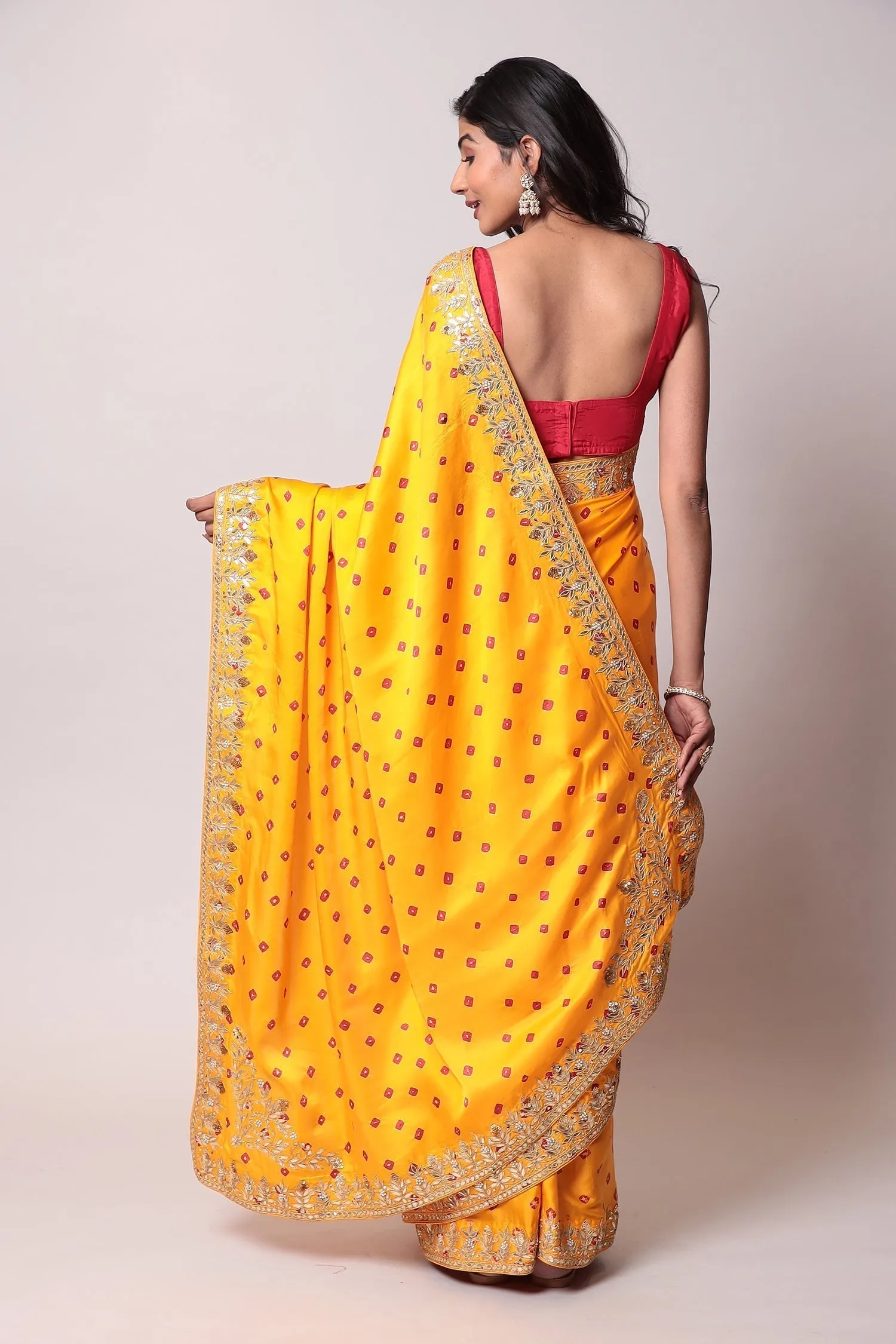 Bandhej Satin silk Saree with Gota Patti work.