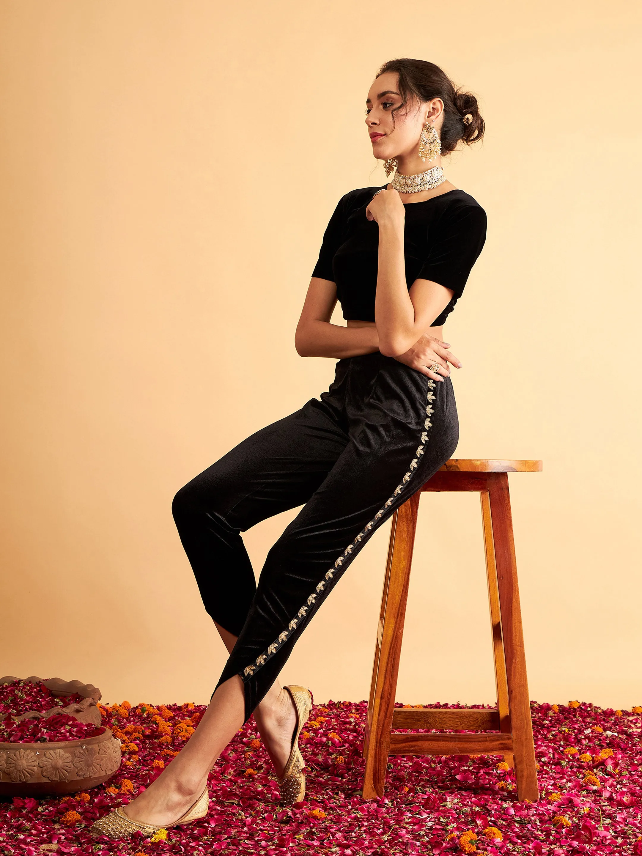 Black Velvet Embroidered Tulip Pants