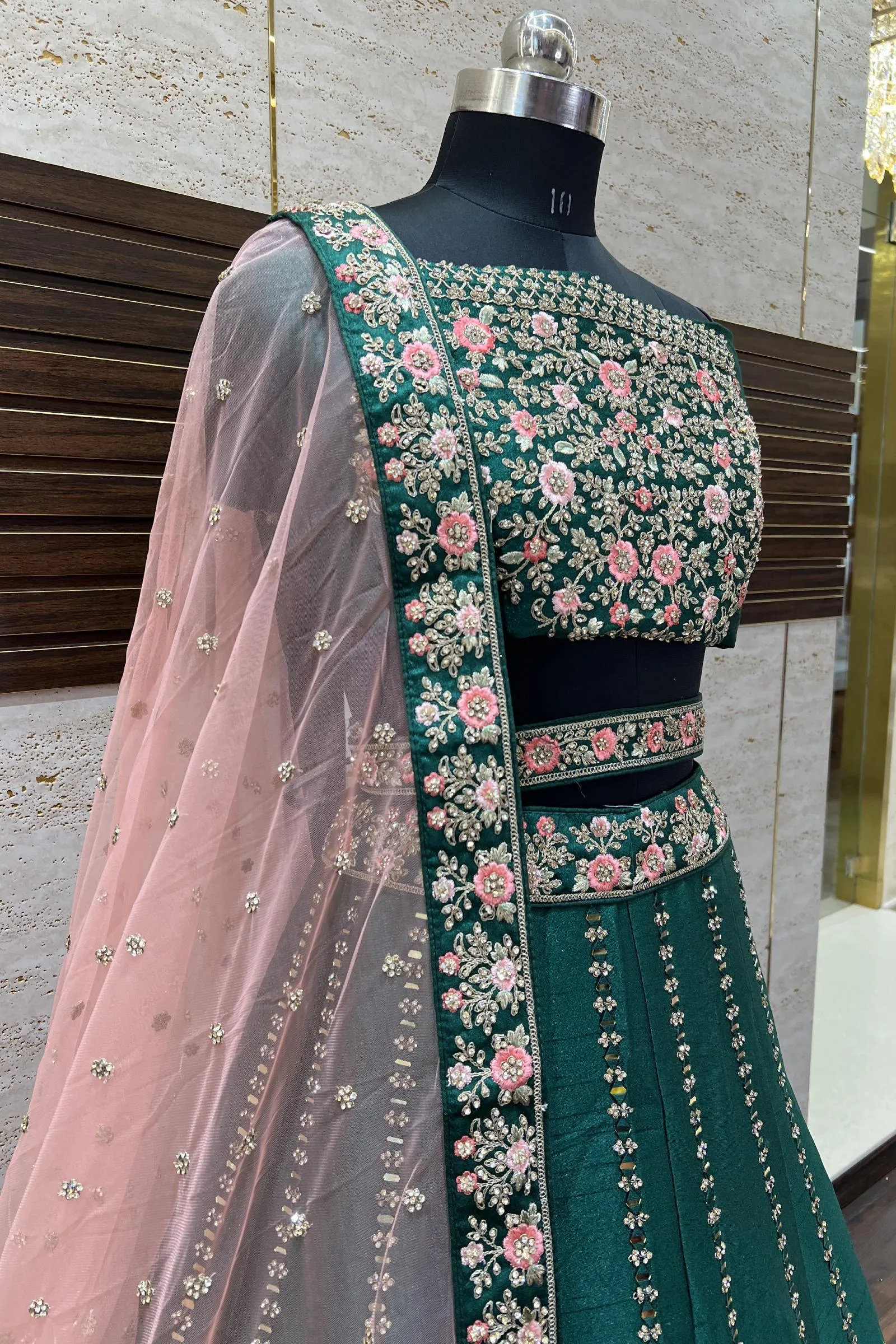 Bottle Green Stone, Embroidery, Mirror and Zari work Semi-Stitched Designer Bridal Lehenga with Belt