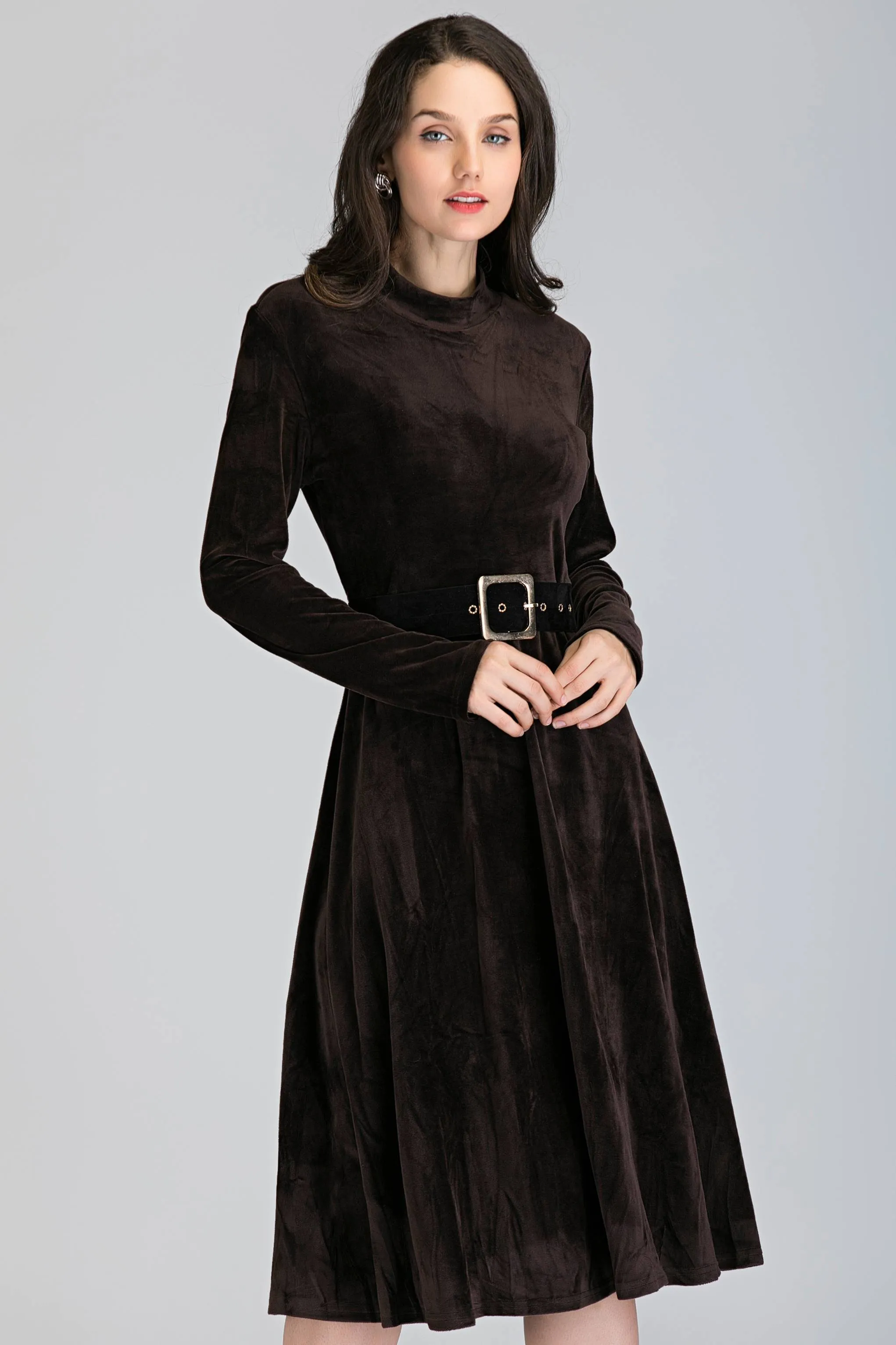 Brown Velvet Sleeved Midi Dress