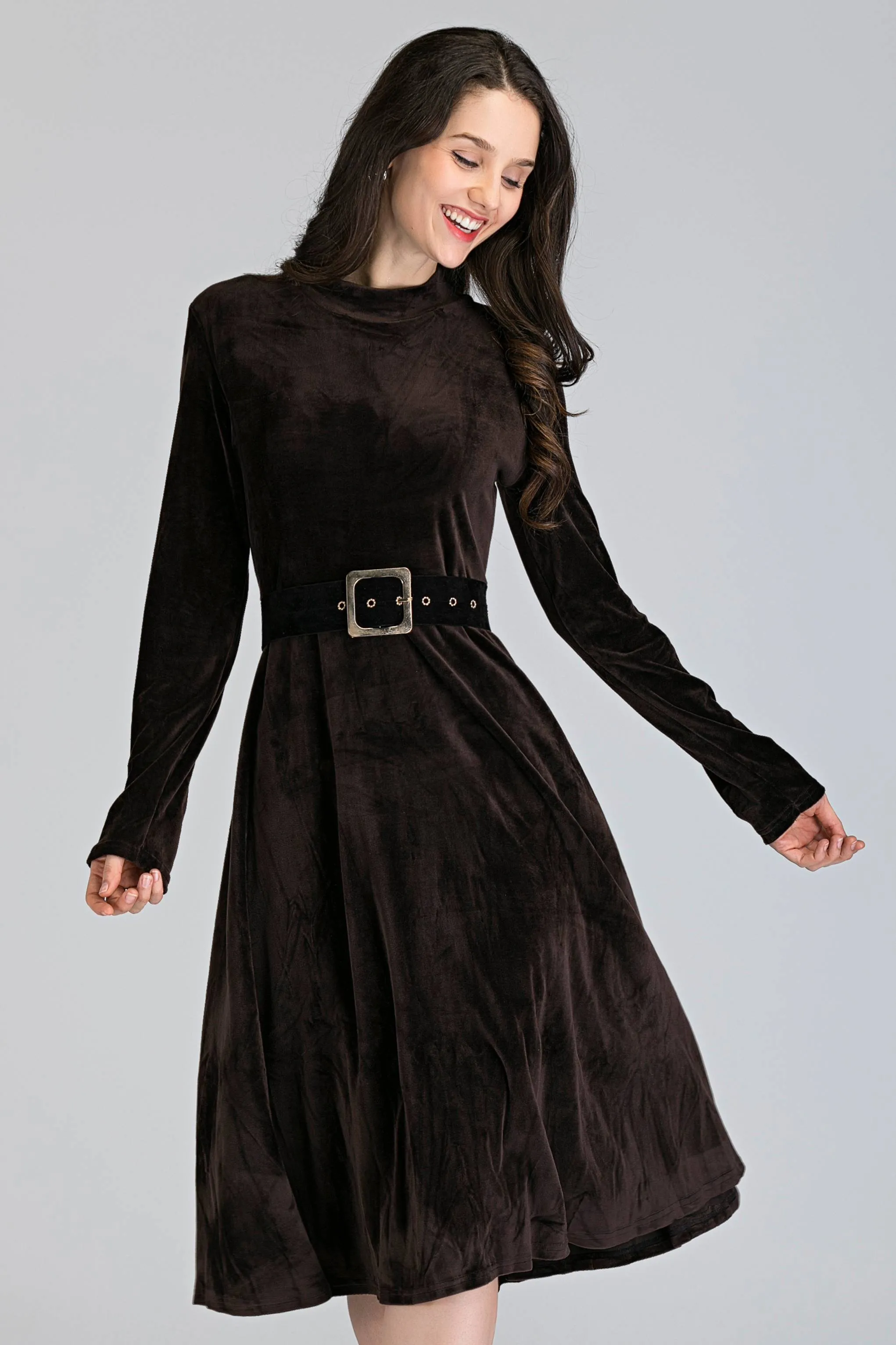 Brown Velvet Sleeved Midi Dress