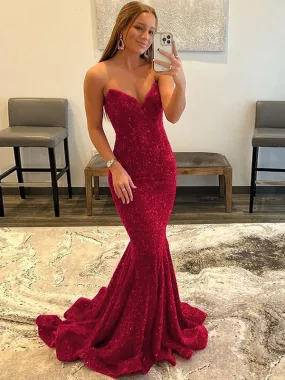 Burgundy Sheath Sweetheart Sleeveless Long Sweep Train Velvet Sequin Prom Dress (AF1072)