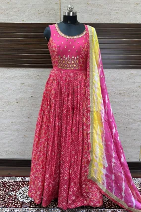 Fluorescent Pink Stone, Zari and Mirror work with Bandini Print Floor Length Anarkali Suit