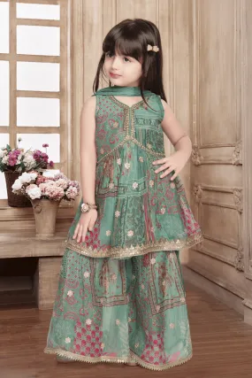 Exquisite Green Girls Peplum Top and Sharara Set adorned with Digital Print, Zardozi, and Pearl work