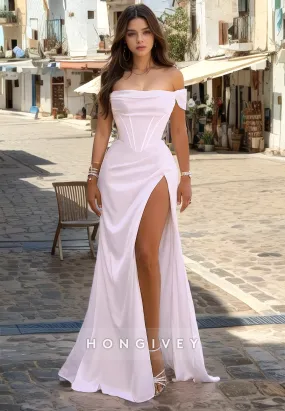 H1087 - Sexy Satin Off-Shoulder With Side Slit Floor-Length Beach Wedding Dress