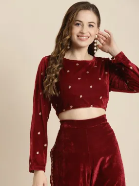 Maroon Full Sleeve Embroidered Velvet Crop Top