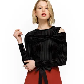 Open Shoulder Stripe Velvet Top