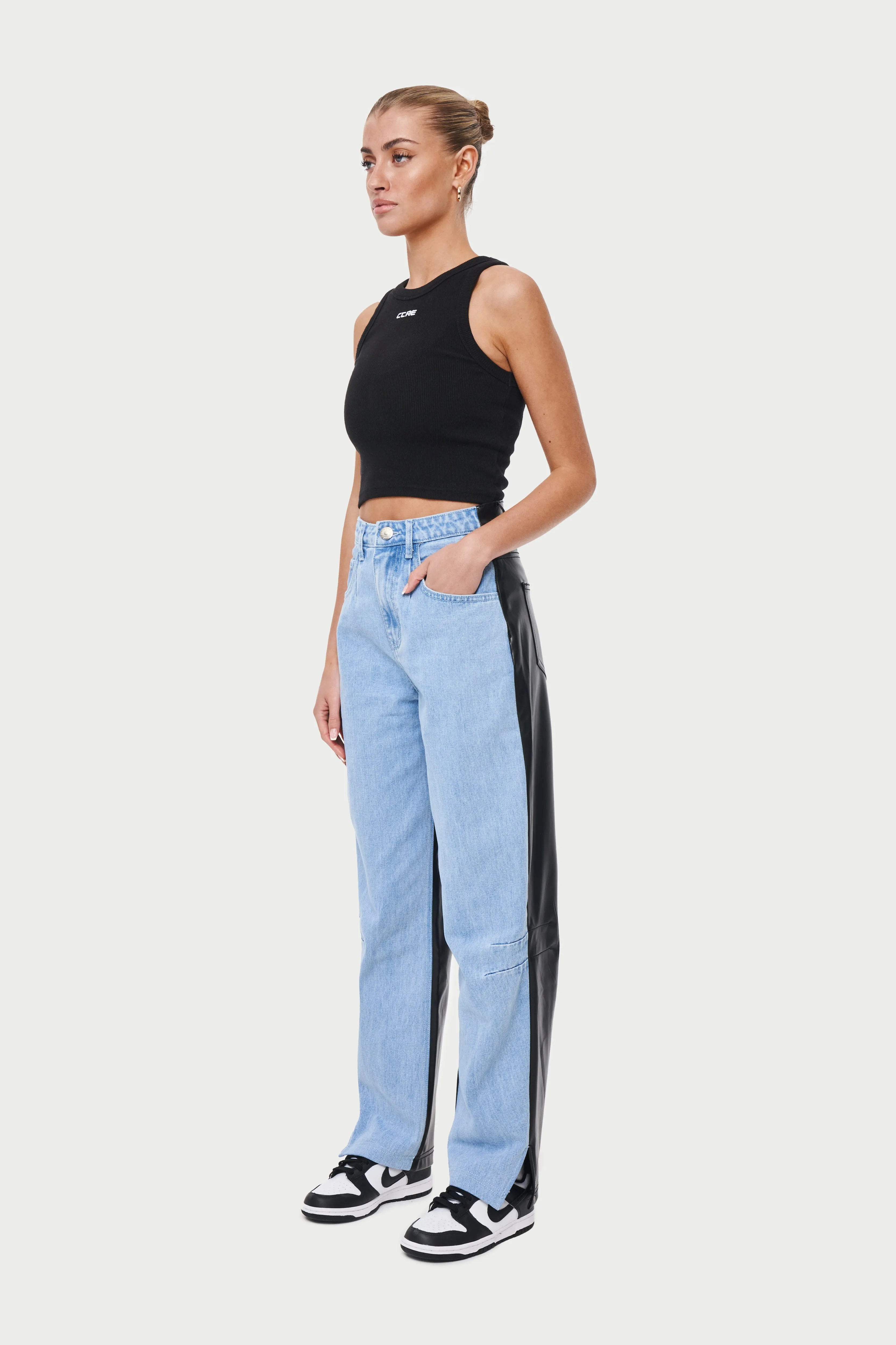 PU DENIM SPLICED MOM JEAN - BLUE