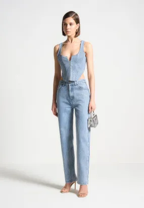 Rhinestone Mom Jeans - Mid Blue