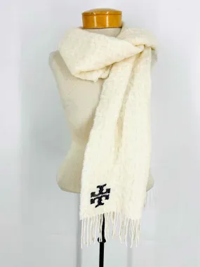 Tory Burch Ivory/Navy Knit Fringe Designer Scarf