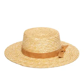 Women's wheat straw boater with faux leather band